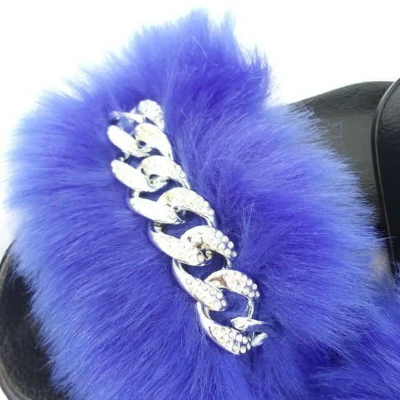 Royal Blue Faux Fur Slides/Slippers/With Chain - Picture 3 of 7